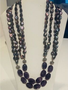 Multi-Strand Peacock Pearl & Amethyst Necklace - Women Jewelry